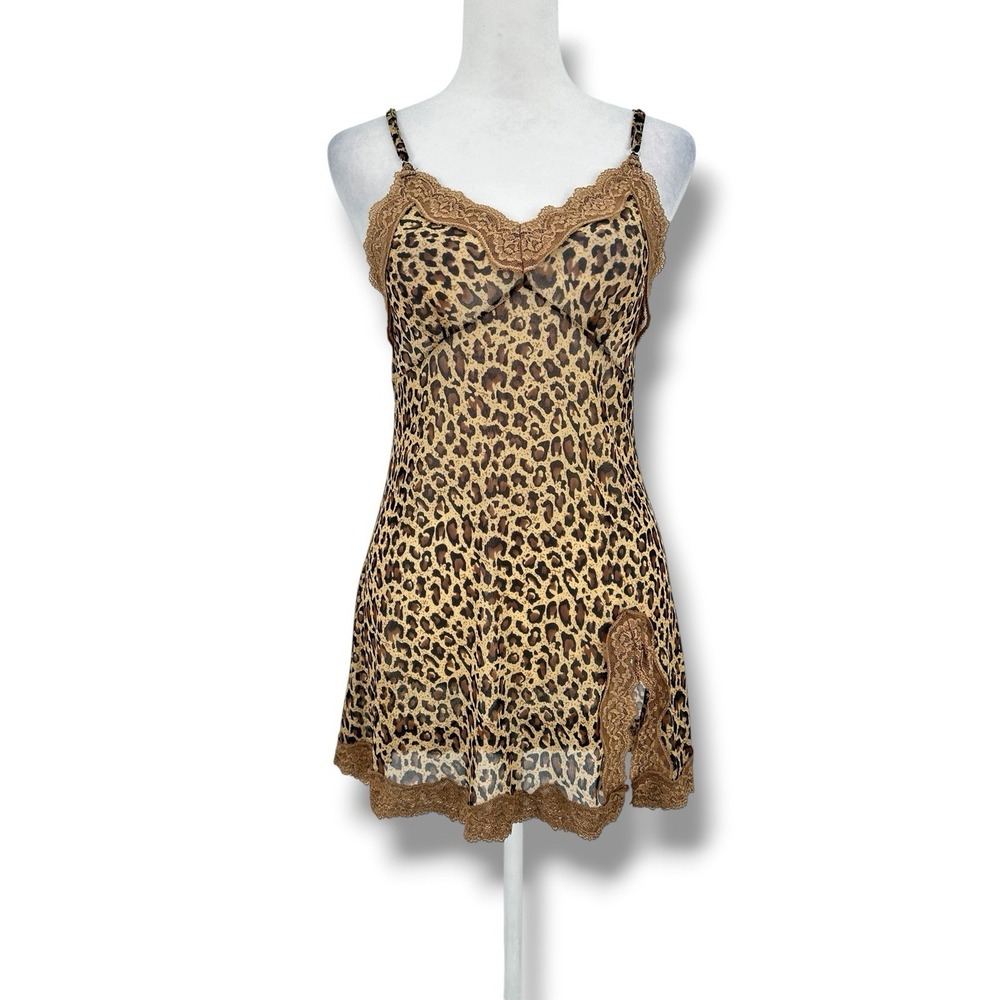 Leopard Mesh Babydoll Slip Dress XS-S Sheer Lace Trim Y2K‎ Coquette Lingerie